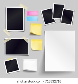 Vector set of blank paper objects. Empty white sheet of A4 format, photo frames, yellow sticky notes. Realistic empty paper templates with soft shadows isolated on gray background