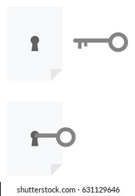 Vector set of blank papers with keyholes and grey key unlocking.