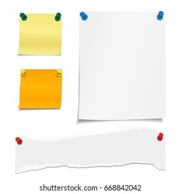 Vector set of blank papers with pins and shadows with space for text