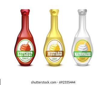 Vector Set Of Blank Plastic Mayonnaise, Mustard And Ketchup Bottle For Branding With Label 
