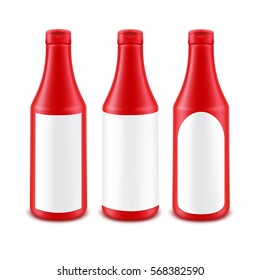 Vector Set of Blank Plastic Red Tomato Ketchup Bottle for Branding with White Label Isolated on White Background