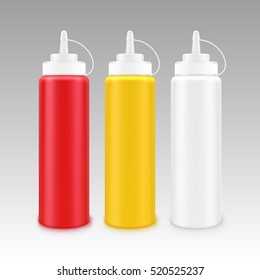 Vector Set of Blank Plastic White Red Yellow Mayonnaise Mustard Ketchup Bottle for Branding without label Isolated on Background