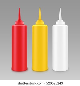 Vector Set Of Blank Plastic White Red Yellow Mayonnaise Mustard Ketchup Bottle For Branding Without Label Isolated On Background