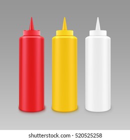 Vector Set of Blank Plastic White Red Yellow Mayonnaise Mustard Ketchup Bottle for Branding without label Isolated on Background