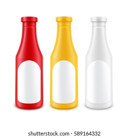 Vector Set of Blank Plastic White Red Yellow Mayonnaise Mustard Ketchup Bottle for Branding with label Isolated on Background