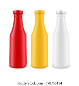 Vector Set of Blank Plastic White Red Yellow Mayonnaise Mustard Ketchup Bottle for Branding without label Isolated on Background