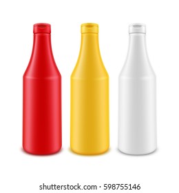 Vector Set of Blank Plastic White Red Yellow Mayonnaise Mustard Ketchup Bottle for Branding without label Isolated on Background