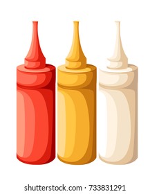 Vector Set of Blank Plastic White Red Yellow Mayonnaise Mustard Ketchup Bottle for Branding without label Isolated on Background Web site page and mobile app design.
