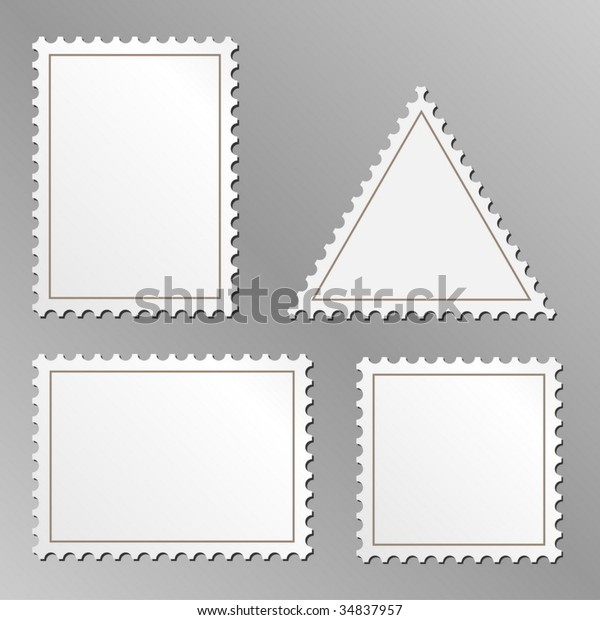 Vector set of blank postage stamps isolated\
on grey background.