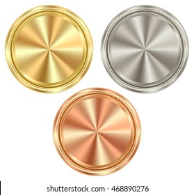 vector set of blank round coins of gold, silver, bronze, which can be used as medals, coins, stamps