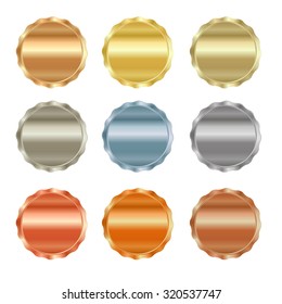 Vector set of blank stamps of gold, red gold, white gold, platinum, silver, bronze, copper, brass, aluminum, which can be used as icons, buttons, coins, medals