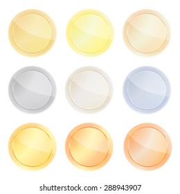 vector set of blank templates centric circles for coin, price tags, buttons, sewing, buttons, badges or medals with gold in different types: white, red, pink, silver, platinum shiny metal texture