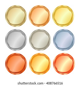 Vector set of blank templates of different types of gold, platinum, silver, bronze, copper, which can be used as labels, buttons, coins, medals