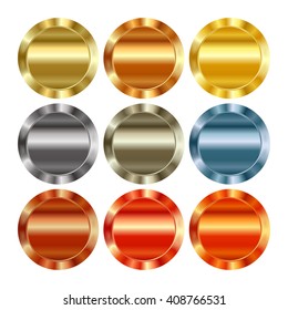 Vector set of blank templates of different types of gold, platinum, silver, bronze, copper, which can be used as labels, buttons, coins, medals