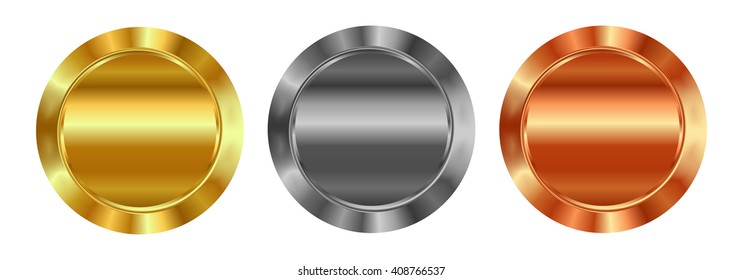 Vector set of blank templates of gold, silver, bronze, which can be used as labels, buttons, coins, medals