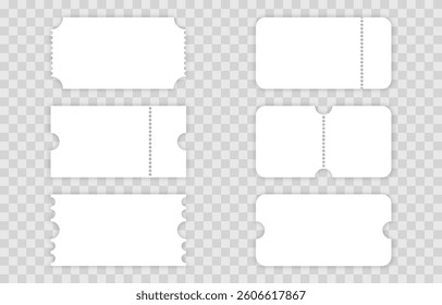 Vector set of blank tickets png. Cinema or theater tickets on isolated transparent background. Blank lottery ticket png.