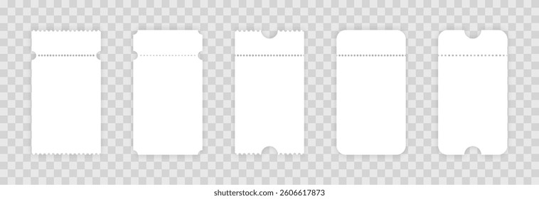Vector set of blank tickets png. Cinema or theater tickets on isolated transparent background. Blank lottery ticket png.