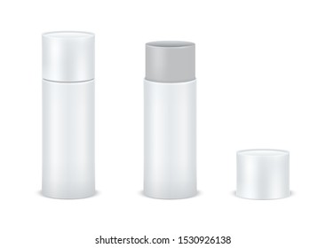 Vector Set Blank White Cardboard Cylinder Box Mockup. Tube For Package Design Isolated On White Background