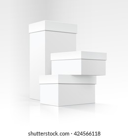 Vector Set of Blank White Carton boxes of different sizes and shapes in Perspective for package design Close up Isolated on White Background