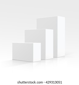 Vector Set of Blank White Carton boxes of different sizes and shapes in Perspective for package design Close up Isolated on White Background