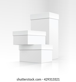 Vector Set of Blank White Carton boxes of different sizes and shapes in Perspective for package design Close up Isolated on White Background