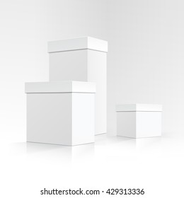 Vector Set of Blank White Carton boxes of different sizes and shapes in Perspective for package design Close up Isolated on White Background
