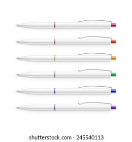 Vector Set of Blank White Pens with Multicolored Caps Isolated on Background