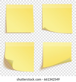 Vector set of blank yellow sticky notes with curled edges. Perfect for office, memo reminders, productivity planning, and school projects.