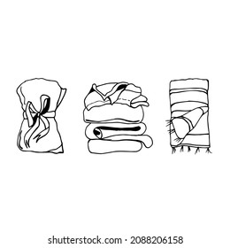 Vector set of blankets in doodle style on a white background isolated. Collection of three elements of bed linen.