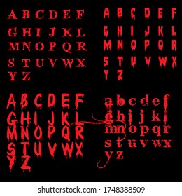 Vector set of bleeding letters, red thriller fonts collection isolated on black backround