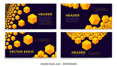 Vector set of blockchain banner templates, with bright isometric chain illustrations with place for your text.