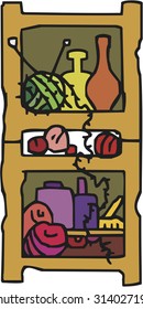 Vector set blocks of shelves filled household items of various shapes. Pattern hand drawn cartoons style.