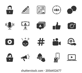 Vector set of blogger flat icons. Contains icons blog, podcast, content, target audience, vlog, hate, subscribe, hashtag and more. Pixel perfect.