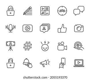 Vector set of blogger line icons. Contains icons blog, podcast, content, target audience, vlog, hate, subscribe, hashtag and more. Pixel perfect.