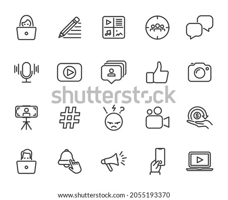 Vector set of blogger line icons. Contains icons blog, podcast, content, target audience, vlog, hate, subscribe, hashtag and more. Pixel perfect.