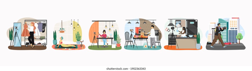 Vector set of bloggers and vloggers making content and filming. Cartoon character creating video for blog or vlog. Fashion, beauty, cooking, yoga, travel blogger
