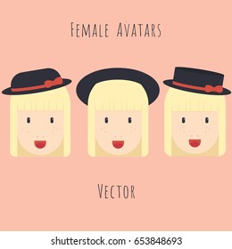 Vector set of blond girl with hats character avatars in flat style