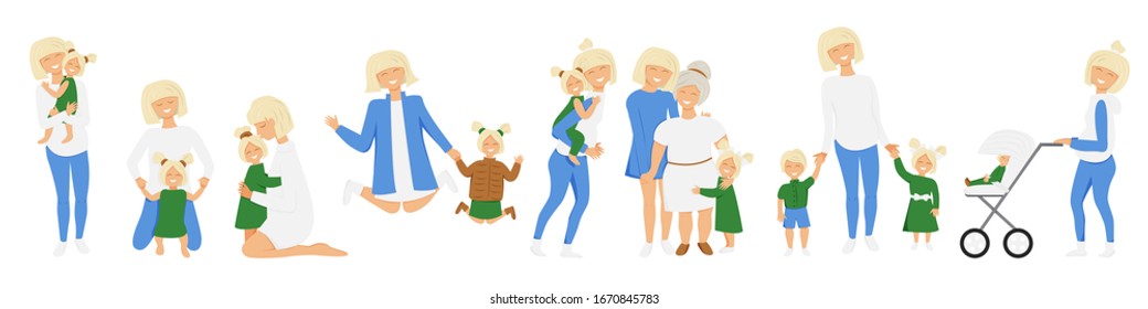 Vector set of blond mother's little activities. Funny situations of mom on maternity leave. Concept design of happy family huge each other isolated. Three generations together holds hands and laugh