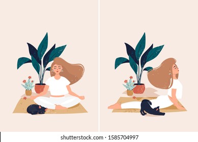 Vector set of blond woman doing yoga at cozy home with cute black cat by pots with plants