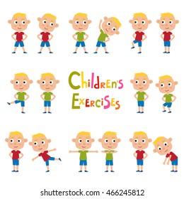 Vector set of blonde boys in exercises poses isolated on white background. Cute kids for school books, picture books, magazines, web pages. Sport exercises, feet shoulder width apart, hands on hips.
