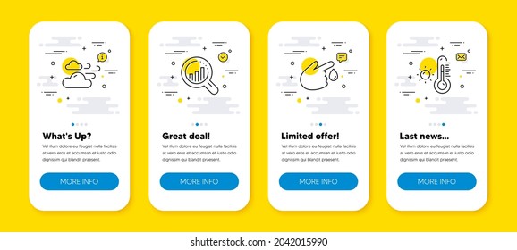 Vektorset für Blutspende, Windy Wetter und Seo-Analyse Linie Symbole gesetzt. UI Telefon-App-Bildschirme mit Zeilensymbole. Wetterthermometer-Symbol. Verletzung, Wolkenwind, Zielkarte. Vektorgrafik