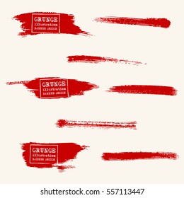 Vector Set Of Blood Red Brush Strokes. Grunge Isolated Elements. Smoke Brushes For Your Design. Freehand. Watercolor Splash. Acrylic Stamp. Vector Illustration.