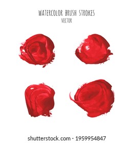 Vector set of bloody red, pink watercolor hand painted texture backgrounds isolated on white. Abstract collection of acrylic dry brush strokes, stains, spots, blots. Grunge makeup frame, fluid ink art