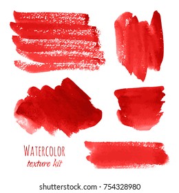 Vector set of bloody red, pink watercolor hand painted texture backgrounds isolated on white. Abstract collection of acrylic dry brush strokes, stains, spots, blots. Creative grunge makeup frame.