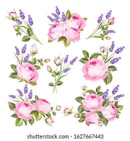 Vector set of blooming flowers. Spring, summer wedding romantic elegant date marriage symbol. Rose and Lavender garland, bouquet for your template, design of invitation card. Vintage illustration.