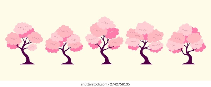 Vector set of blooming sakura trees in different shapes and sizes. Elegant cherry blossom tree silhouettes for landscape design, park illustrations, and Japanese culture themes. 