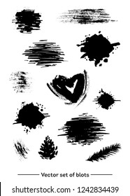 Vector set of blots black ink brush drops strokes textures isolated in white