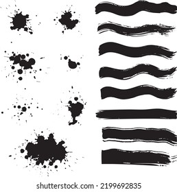 Vector set: blots of black ink with splashes, drops and brush strokes. Isolated on white elements for design of card, poster, invitation, print.
