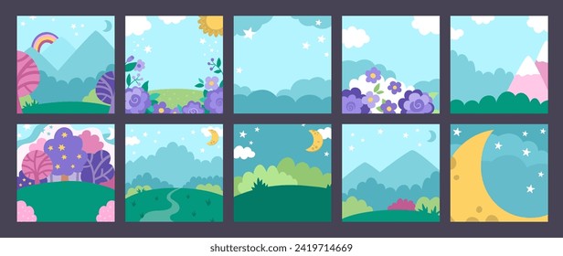 Vector set of blue abstract backgrounds with cloud, star, moon, garden, field, magic forest, mountain. Fantasy world scenes collection. Cute fairytale square nature landscapes. Night sky illustration