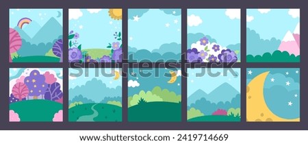 Vector set of blue abstract backgrounds with cloud, star, moon, garden, field, magic forest, mountain. Fantasy world scenes collection. Cute fairytale square nature landscapes. Night sky illustration